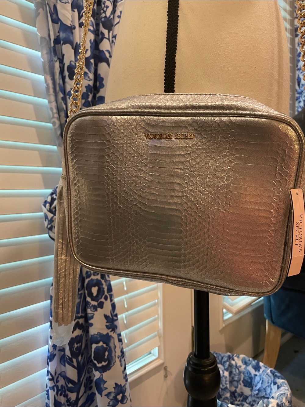 Victoria's Secret Silver Croc-Embossed Chain Crossbody
